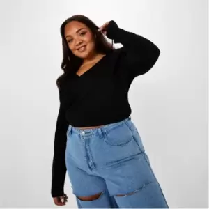 image of Missguided Plus Size Rib Wrap Front Knit Crop Top - Black