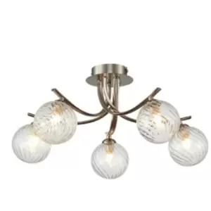 image of Spring Contemporary Multi Arm Semi Flush Ceiling 5 Light Satin Nickle, Glass