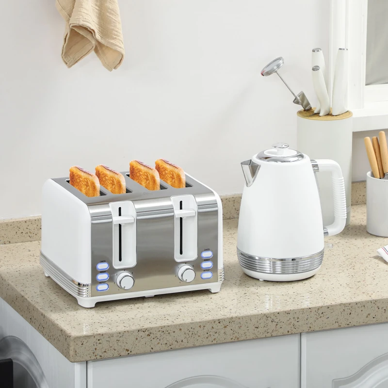 Image of HOMCOM HOMCOM 1.7L 3000W Rapid Boil Kettle and 4 Slice Toaster Set w/Strix Thermostat in White White One Size Unisex 5063603551701