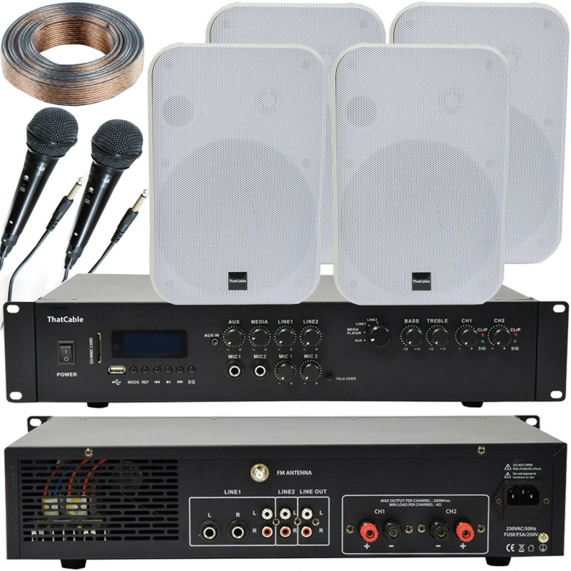 Image of Loops 400W Bluetooth Sound System 4x White 200W Wall Speaker Karaoke Amp & Microphones White unisex