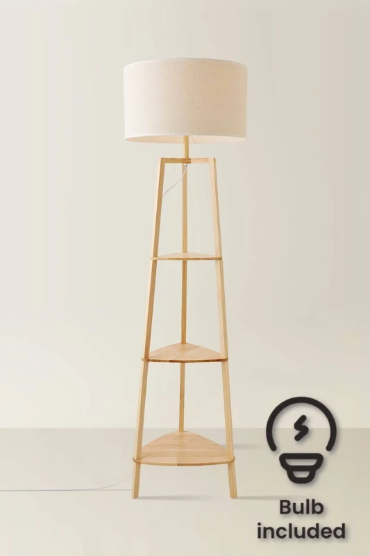 Image of ValueLights Hiru Three Tier Shelved Wooden Floor with Linen Trim Drum Lamp Shade & LED Bulb White