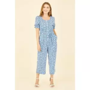 image of Yumi Blue Floral Puff Sleeve Jumpsuit - Blue