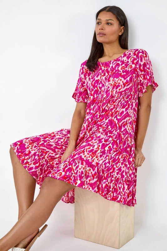 Image of Roman Womens Abstract Print Tiered Smock Dress in Pink Size: 16 Pink Female 16
