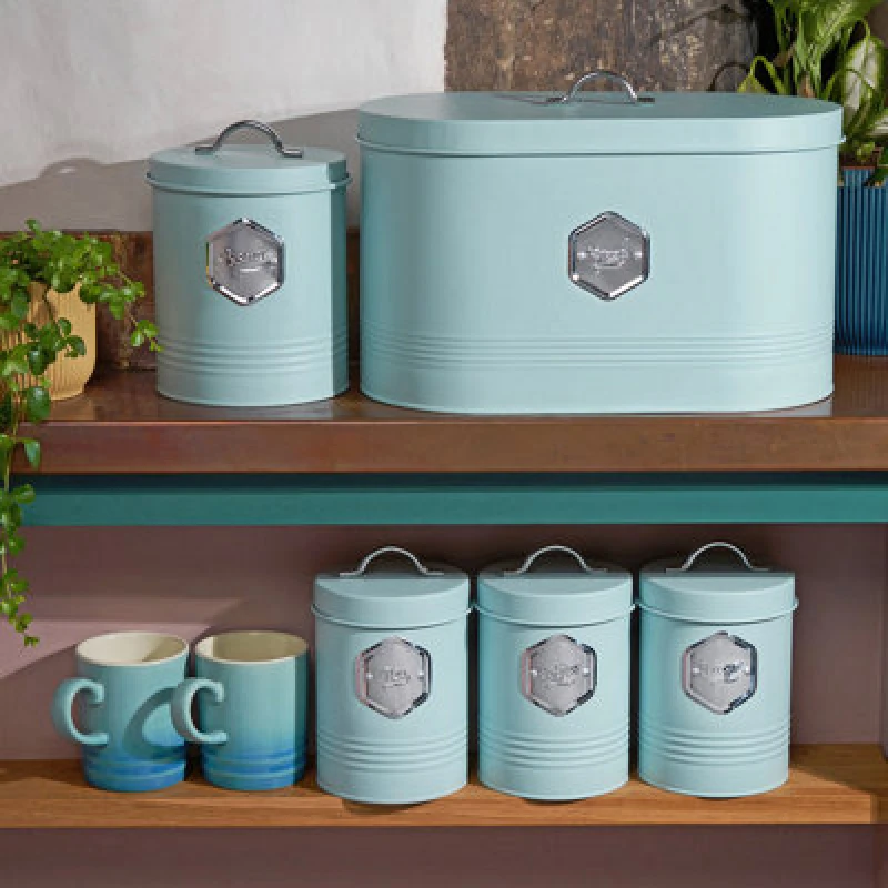 Image of Cooks Professional 5 Piece Tea Coffee Sugar Bread & Biscuit Cannister Set - Labelled Kitchen Storage Tins - Blue & Silver