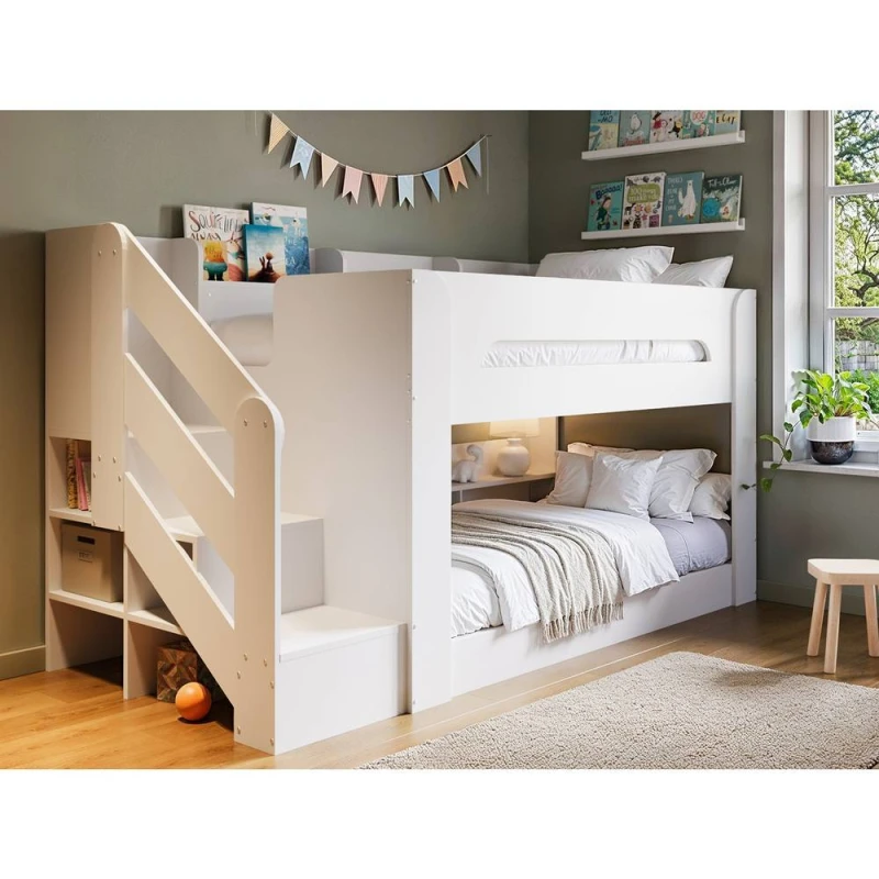 Image of Flair Zeno Staircase Low Bunk with Storage in White Size: Single White Unisex Single