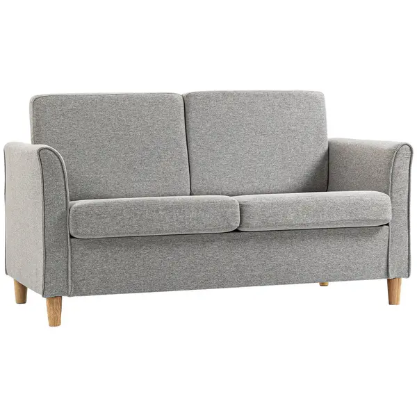 Image of HOMCOM Double Seat Sofa Loveseat Couch 2 Seater Linen Armchair with Wood Legs Light Grey
