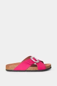Image of Diamante Buckle Cross Front Double Strap Cork Slider Sandals
