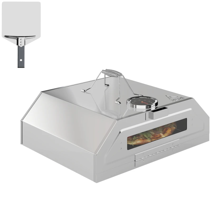 Image of Outsunny Outdoor BBQ Pizza Oven with Thermometer for Gas/Charcoal BBQ Grills, Silver 846-200V00SR