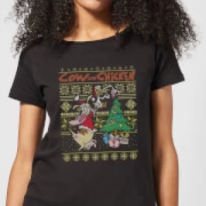 Image of Cow and Chicken Cow And Chicken Pattern Womens Christmas T-Shirt - Black