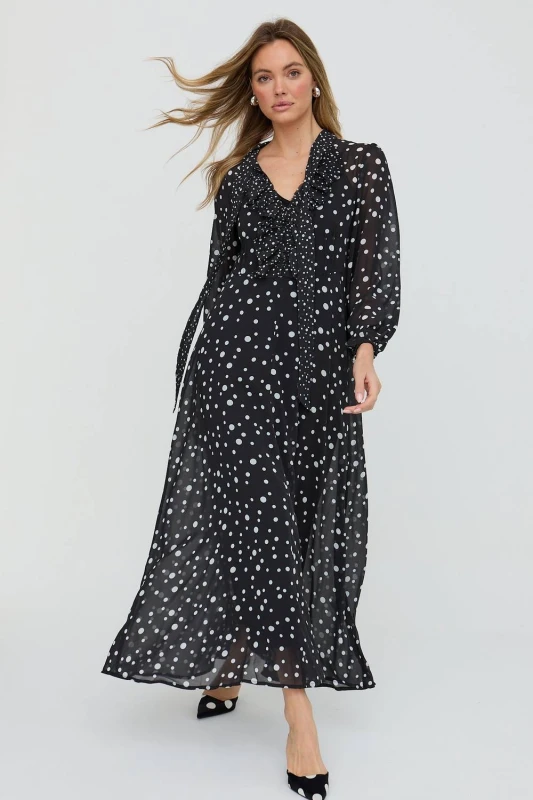 Image of Lily and Lionel Womens Margot Ruffle Neck Spot Print Maxi Dress In Black Size: 10 Black Female 10