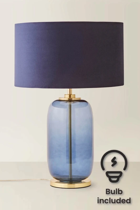 Image of ValueLights ValueLights Leigh Velvet Drum Shade with Navy Blue Glass and Gold Trim Table Lamp with Bulb Navy One Size Unisex 5059406049675