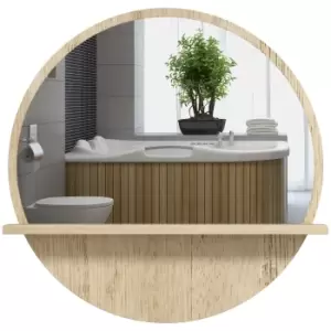 image of kleankin 45cm Wall Mounted Bathroom Mirror, Round Mirror with Shelf, Framed Makeup Mirror for Home Decoration, Natural Wood Effect