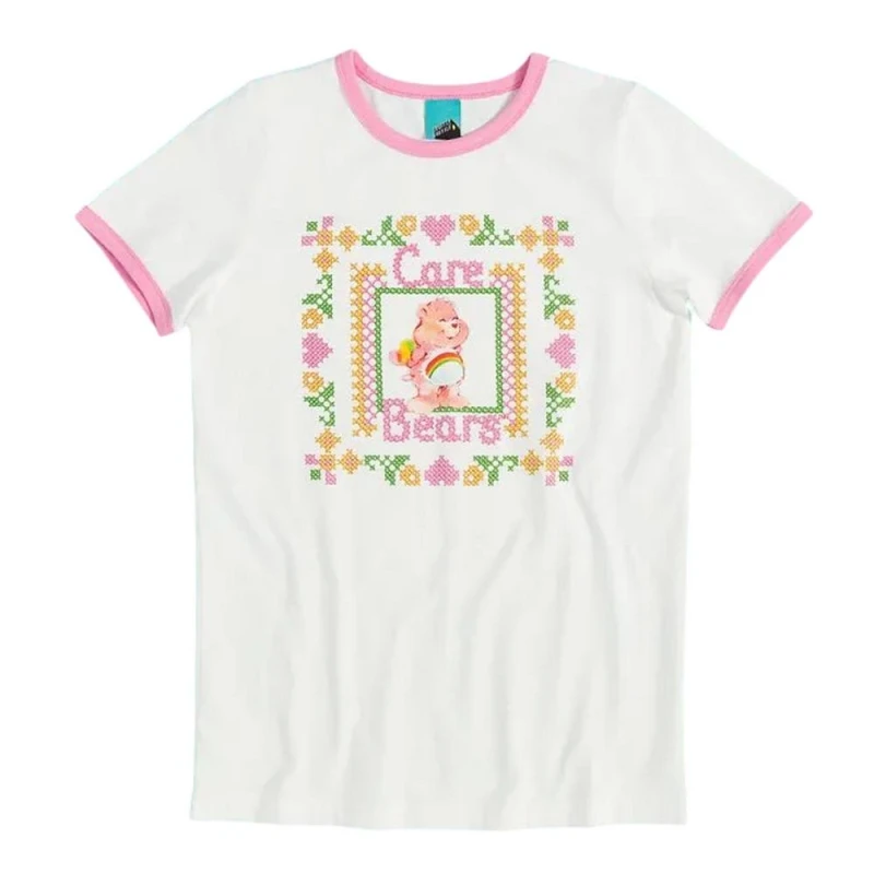 Image of Care Bears Mens Cross Stitch Ringer T-Shirt in White Size: 3XL White Male 3XL