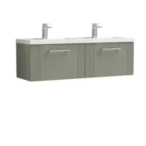 image of Nuie Deco 1200mm Wall Hung 2 Drawer Vanity & Double Polymarble Basin - Satin Reed Green