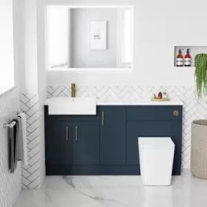 image of 1500mm - 1800mm Blue Toilet and Sink Unit with Marble Effect Worktop and Brushed Brass Fittings - Coniston