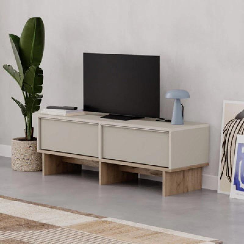 Image of Decortie Modern TV Stand With 2 Drop-down Doors 118Cm Sandstone Natural Oak, Multi 8.68363E+12