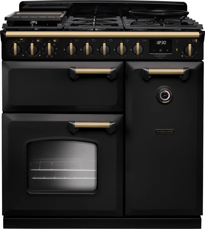 Image of Rangemaster Classic Deluxe 90 CLDL90DFPCBL/AB1 90cm wide Dual Fuel Range Cooker with Gas Hob - Charcoal Black / Antique Brass - A Rated