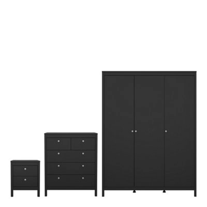 Image of Furniture To Go Madrid 3 Piece Bundle, Bedside, Chest And 3 Door Wardrobe In Matt Black