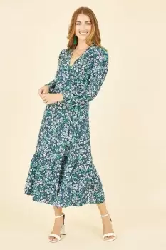 Image of Green Daisy Print Wrap Midi Dress With Long Sleeves