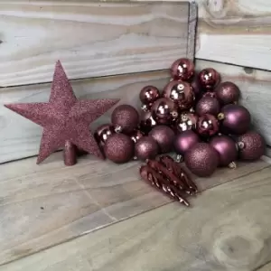 image of 33 Assorted Shatterproof Christmas Baubles With Star Tree Topper - Rosewood Brown