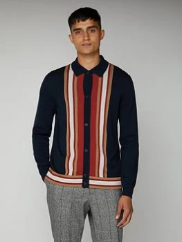 Image of Ben Sherman Long Sleeved Mod Button Through Polo Shirt - Dark Navy, Size S, Men