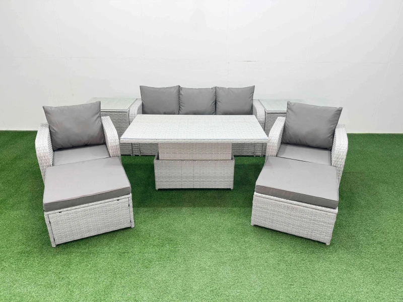 Image of Fimous PE Rattan Garden Furniture Set Reclining Chair Sofa Lounge Sofa Set Adjustable Lifting Dining or Coffee Table 2 Side Table 2 Big Footstool Ligh