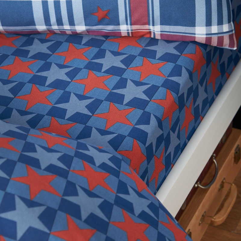 Image of Catherine Lansfield Stars And Check Bed Linen Fitted Sheet Blue