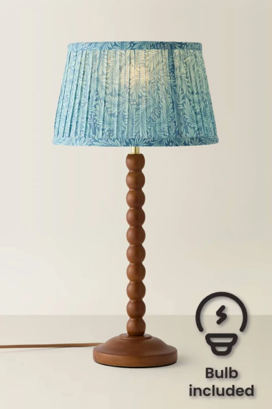 Image of ValueLights Bobbin Leaf Printed Pleated Shade Walnut Bobble Table Lamp with Bulb in Mid Blue Mid Blue Unisex