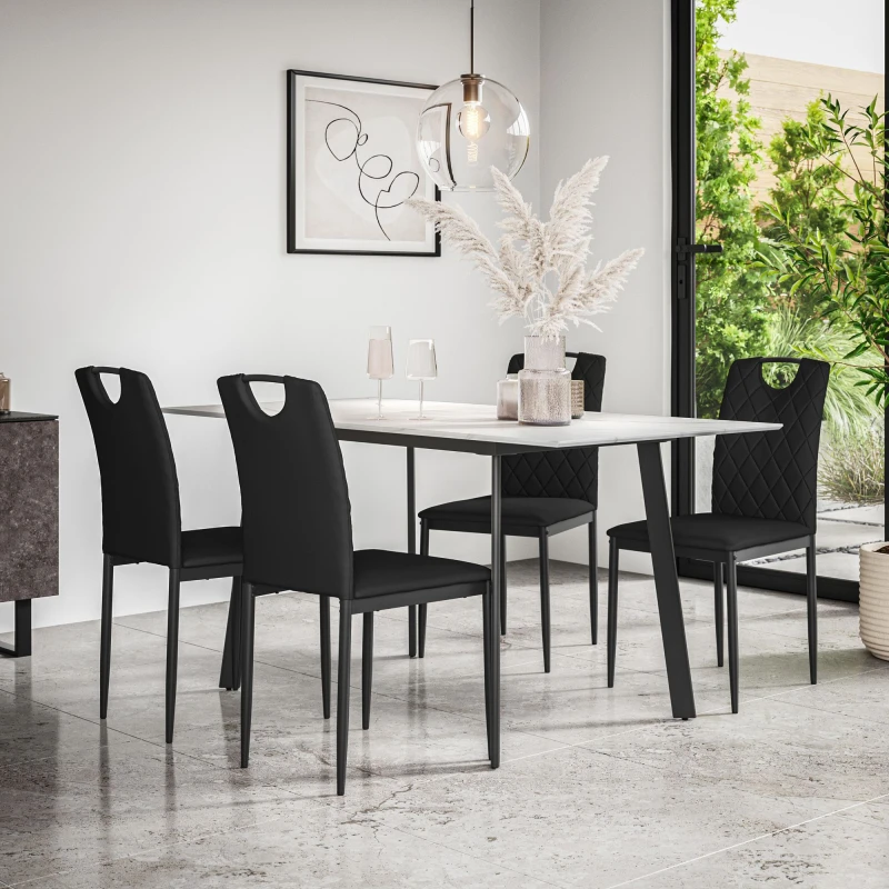 Image of More4Homes Haydon Extending Dining Table + Chairs- White Marble Effect Table Top W Black Legs + 4 Monza Faux Leather Dining Chairs (Black)