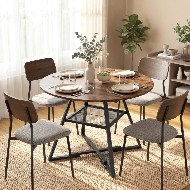 Image of HOMCOM Round Dining Table for 4, 100cm Kitchen Table w/ Shelf, Rustic Brown Size: 100cm x 100cm Brown Unisex 100cm x 100 cm
