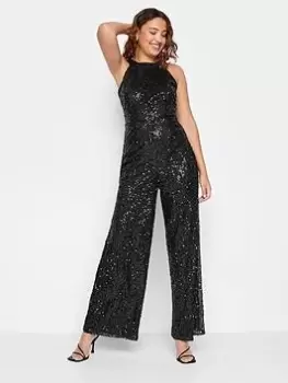 Image of Long Tall Sally Long Tall Sally Halter Neck Sequin Jumpsuit, Black, Size 22-24, Women