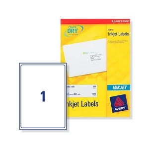 Image of Avery Quick DRY Addressing Labels Inkjet 1 per Sheet 199.6x289.1mm White 100 Labels