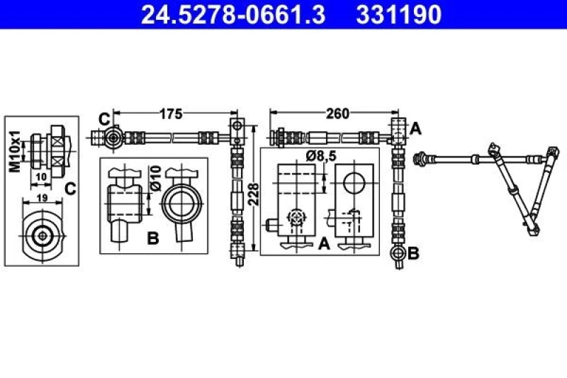 Image of ATE 24.5278-0661.3 Brake Hose without banjo bolt Brake Hose (83)