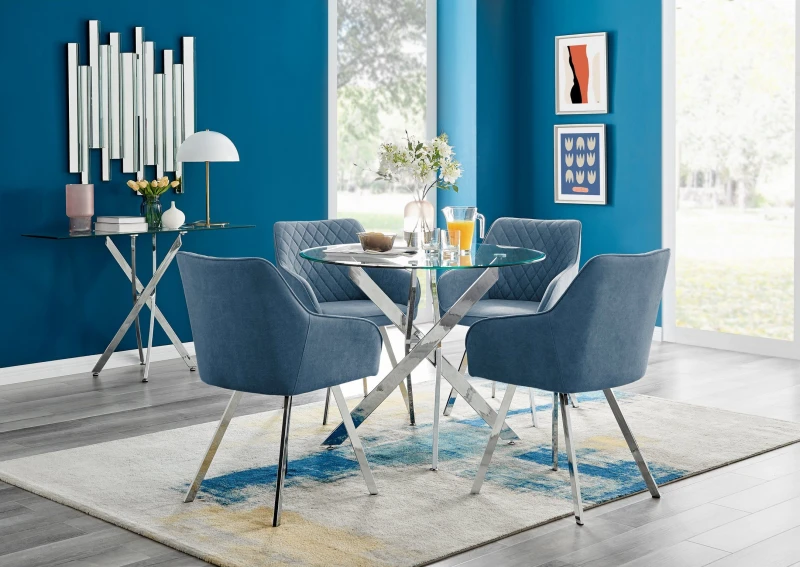 Image of FurnitureboxUK FurnitureboxUK Novara Round Glass Dining Table & 4 Falun Silver Leg Chairs in Blue Blue One Size Unisex 5056657178574