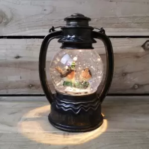 Image of 27cm Snowtime Christmas Water Spinner Antique Effect Lantern 2 Robins Scene Dual Powered