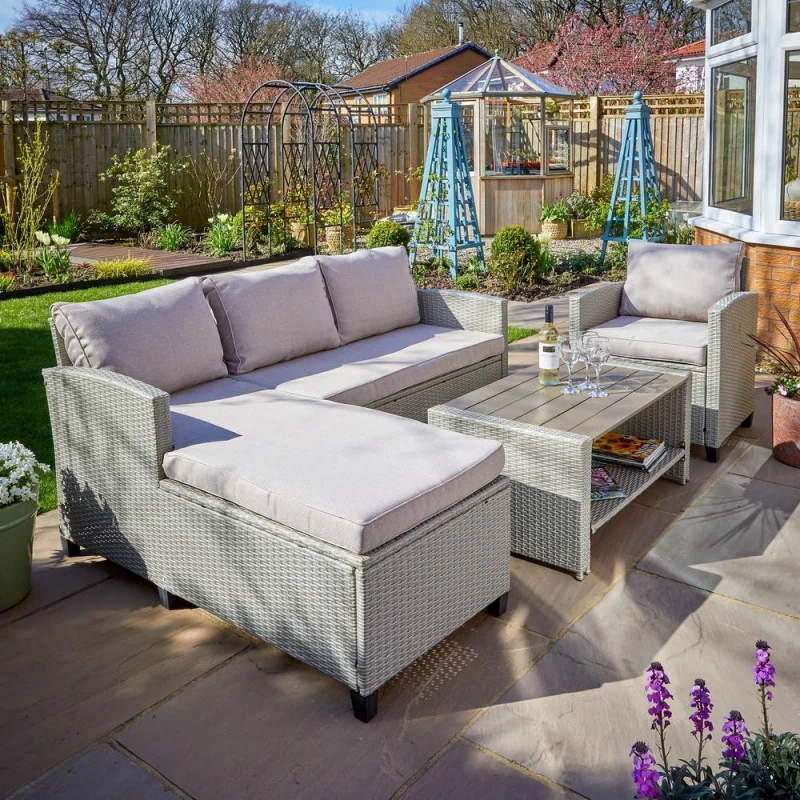 Image of Home Source Rattan Garden Furniture Set 4 Piece Parasol Hole Outdoor Sofa in Grey Grey Unisex