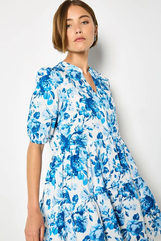 Image of Apricot Womens Floral Print Cotton Mini Dress in Blue Size: 10 Blue Female 10