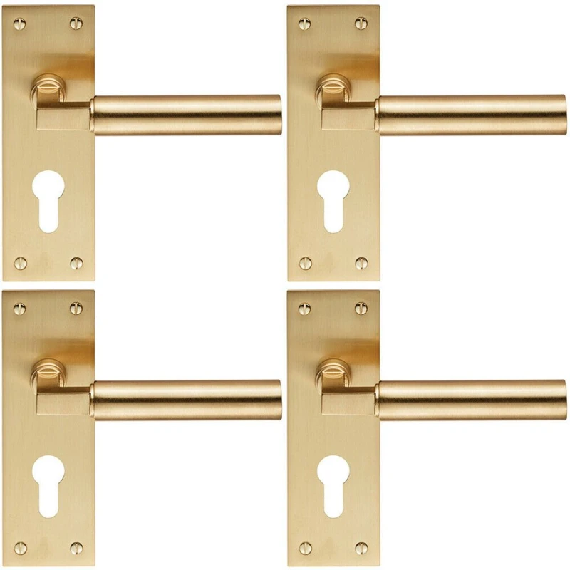 Image of Loops 4x PAIR Round Bar Handle on Slim Euro Lock Backplate 150 x 50mm Satin Brass Metallics