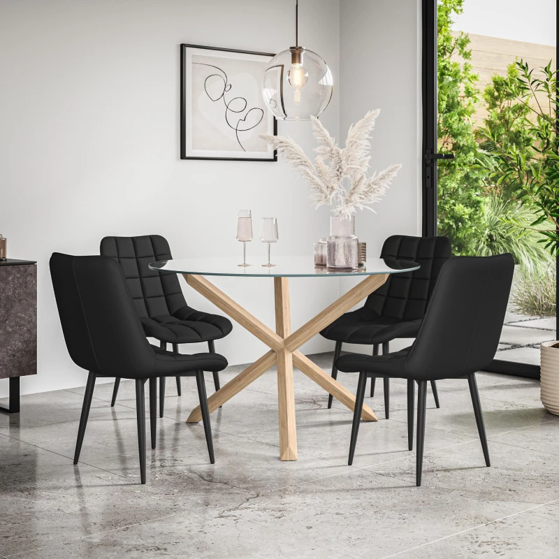 Image of More4Homes Malvern Round Dining Table And Chairs - Clear Glass Table Top W Solid Oak Legs + Nova Faux Leather Dining Chair Set Of 4 (Black)