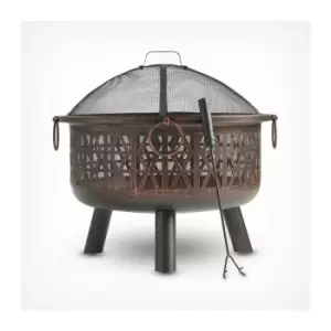 Image of VonHaus Fire Pit Bowl - Geo Firepit with Spark Guard & Poker - Outdoor, Garden, Patio Heater/Burner for Wood & Charcoal - Round Shape - Strong Steel