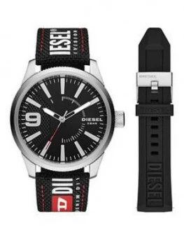 Image of Diesel Black And Silver Detail Dial Black Logo Printed Strap Mens Watch