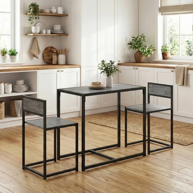 Image of HOMCOM 3 Piece Dining Table Set with Metal Frame in Dark Grey Dark Grey Unisex