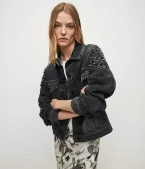 Image of AllSaints Womens Bella Punk Studded Denim Jacket, Black, Size: 12