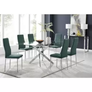 Image of Furniturebox Leonardo 6 Chrome Leg Glass Dining Table and 6 Green Milan Velvet Dining Chairs Diamond Stitch Modern Contemporary Chrome Metal