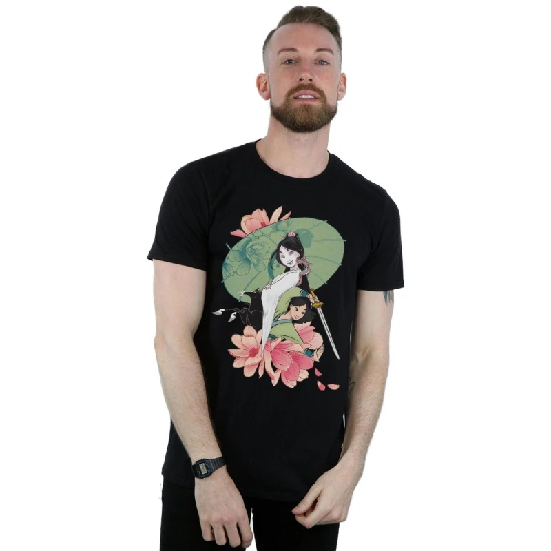 Image of Disney Men Mulan Magnolia Collage T-Shirt in Black Size: Small Black S Male 5059308812049