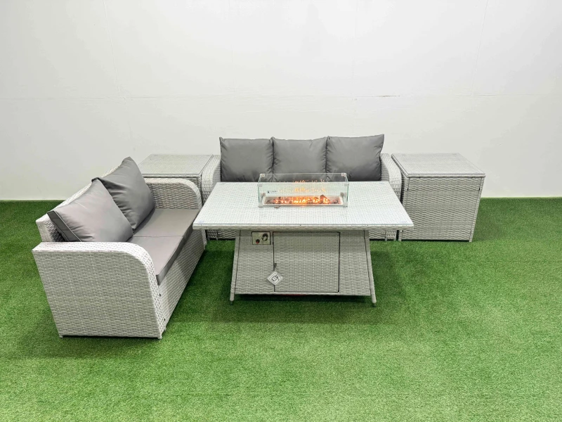 Image of Fimous 5 Seater PE Rattan Wicker Garden Furniture Patio Conservatory Sofa Set with Firepit Dining Table 3 Seater Sofa Love Sofa 2 Side Table Light Gre