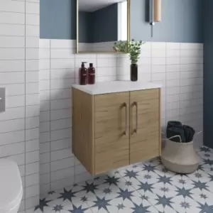 Image of Hudson Reed Juno Wall Hung 2-Door Vanity Unit with Sparkling White Worktop 600mm Wide - Autumn Oak