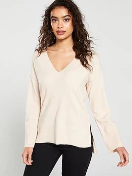 Image of Oasis V-neck Stepped Hem Christy Jumper, Neutral, Size XS, Women