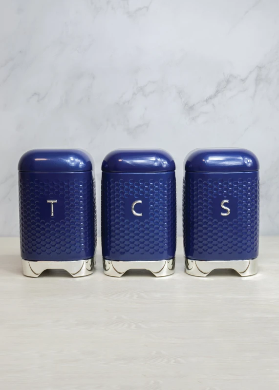 Image of Lovello 3 Piece Coffee Tea & Sugar Canister Set Airtight Seal Blue