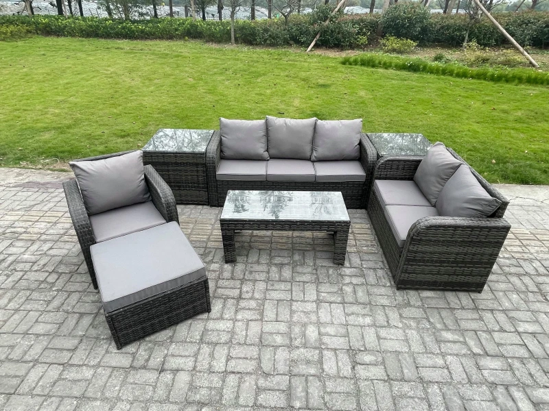 Image of Fimous 7 Seater High Back Rattan Garden Furniture Set with Loveseat Sofa Rectangular Coffee Table 2 Side Tables Indoor Outdoor Patio Lounge Sofa Set D